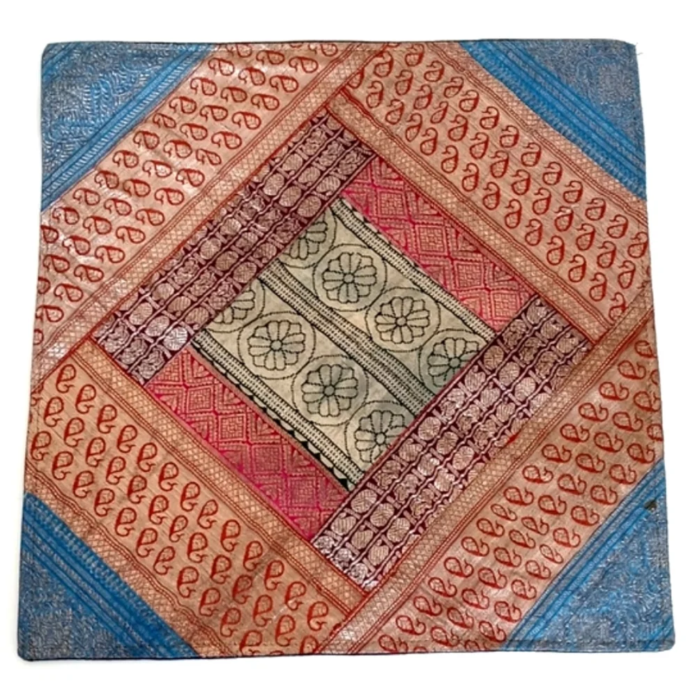 Gorgeous Vintage Silk Batik Patchwork Pillow Sham Iridescent Blue Orange Greens